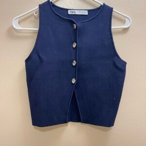 Zara Dark Blue Sleeveless Buttoned Top